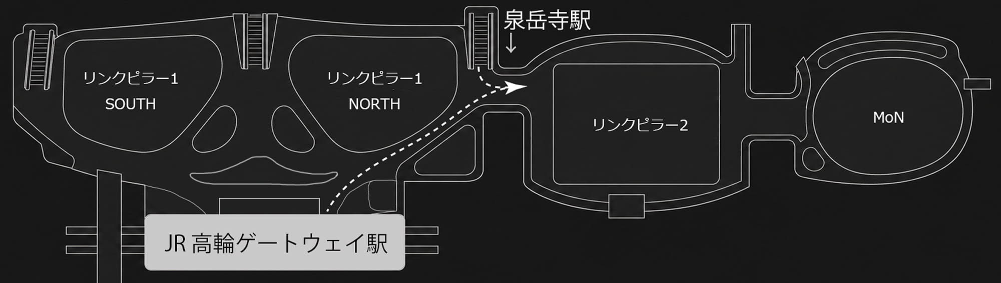 高輪ゲートウェイ駅・泉岳寺駅からTHE LINKPILLAR 2への2通りのアクセス案内図